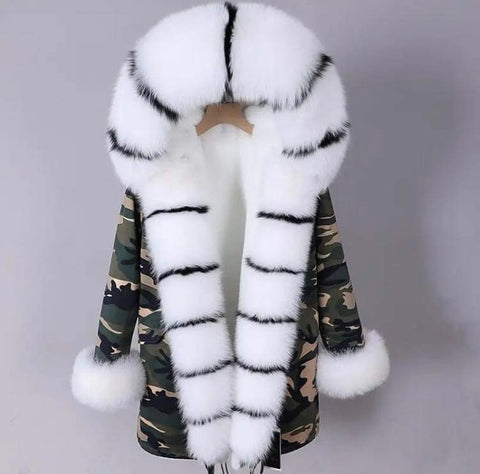 Carmen Charlott Fox Fur Parka Camouflage with Black and White Fur