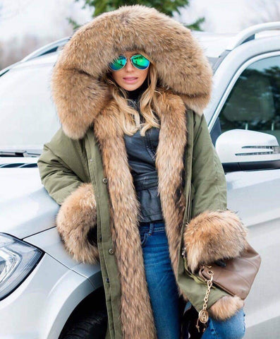 Carmen Charlott Luxury Fox Fur Parka Green with XXL Fur