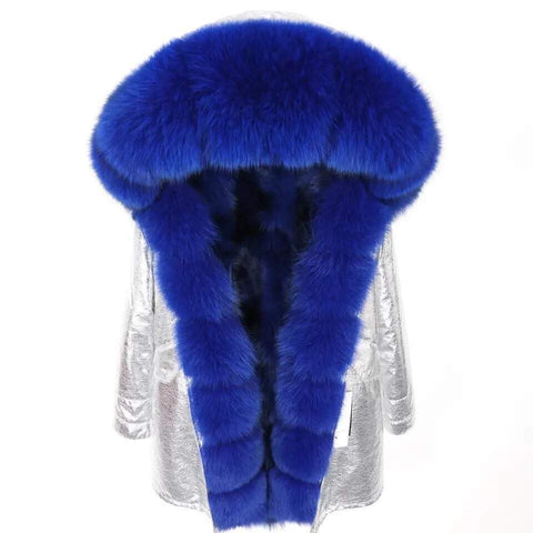 Carmen Charlott Fox Fur Parka Silver with Blue Fur