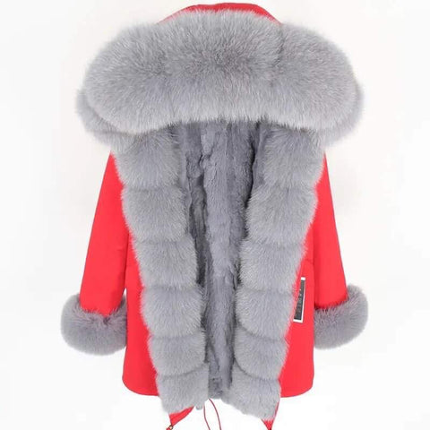 Carmen Charlott Fox Fur Parka Red with Grey Fur
