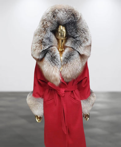 Carmen Charlott Cashmere and Alpaka Wool Luxury Fox Fur Coat with Hood AW23