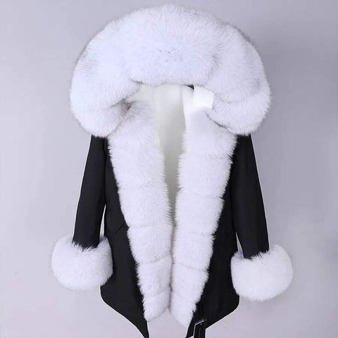 Carmen Charlott Fox Fur Parka Black with White Fur