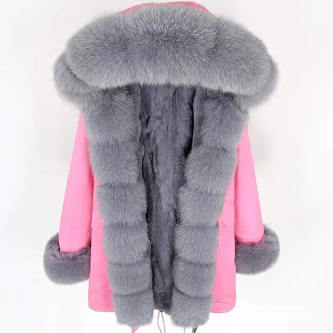 Carmen Charlott Fox Fur Parka Pink with Grey Fur