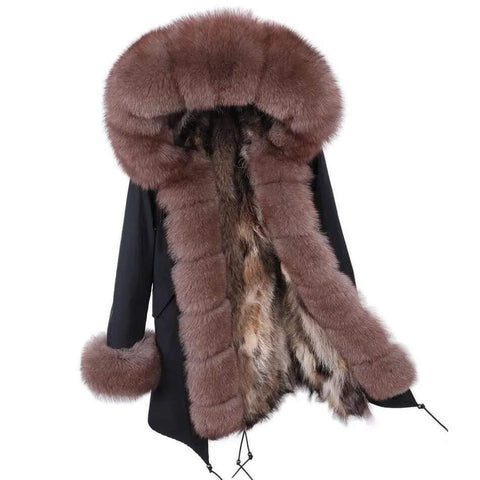 Carmen Charlott Luxury Fox Fur Parka Black with Brown Fur