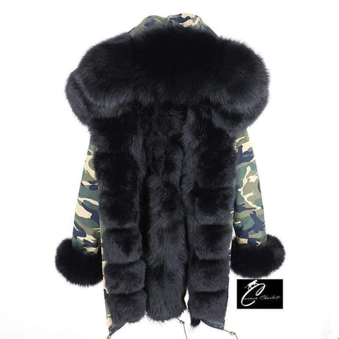Carmen Charlott Fox Fur Parka Camouflage with Black Fur
