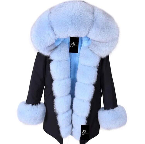 Carmen Charlott Fox Fur Parka Black with Baby Blue Fur