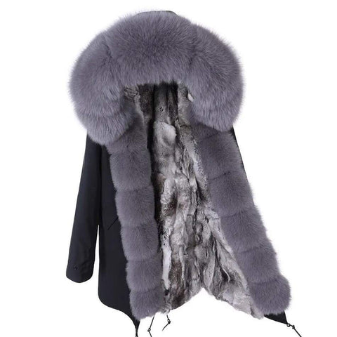 Carmen Charlott Luxury Fox Fur Parka Black with Powder Gray Fur