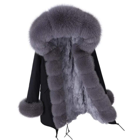 Carmen Charlott Luxury Fox Fur Parka Black with Powder Gray Fur