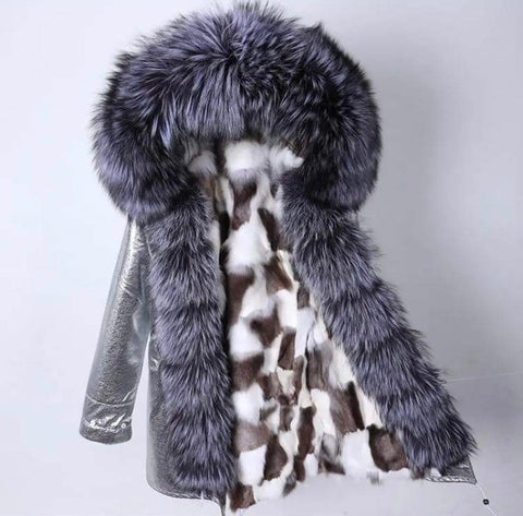 Carmen Charlott Luxury Silver Fox Fur Parka Silver