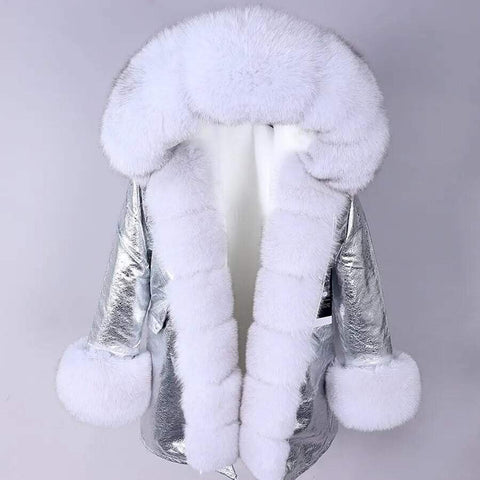 Carmen Charlott Fox Fur Parka Silver with White Fur