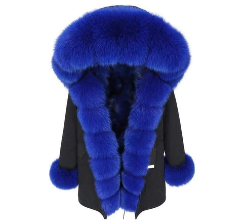 Carmen Charlott Fox Fur Parka Black with Blue Fur