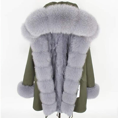 Carmen Charlott Fox Fur Parka Green with Grey Fur