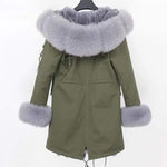 Carmen Charlott Fox Fur Parka Green with Grey Fur