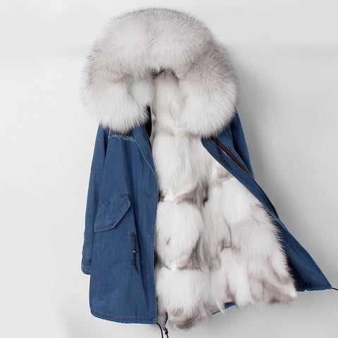 Carmen Charlott Polar Fox Fur Parka Denim Blue