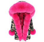 Carmen Charlott Fox Fur Parka Camouflage with Pink Fur