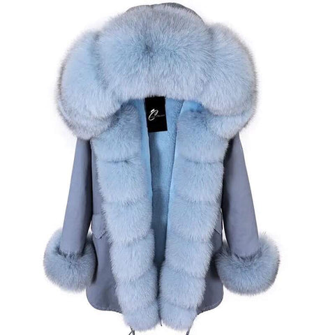 Carmen Charlott Fox Fur Parka Grey with Baby Blue Fur