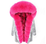 Carmen Charlott Fox Fur Parka Silver with Pink Fur