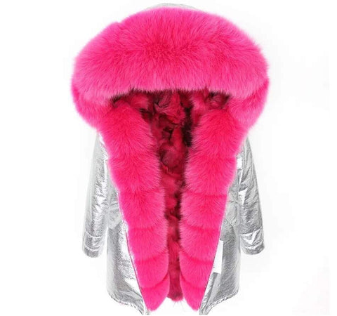 Carmen Charlott Fox Fur Parka Silver with Pink Fur