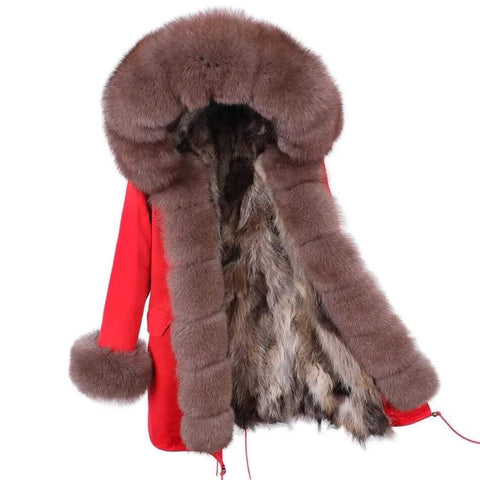 Carmen Charlott Luxury Fox Fur Parka Red with Brown Fur