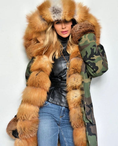 Carmen Charlott Luxury Gold Fox Fur Parka Camouflage