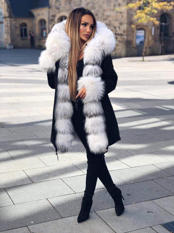 Carmen Charlott Luxury Fox Fur Parka Black with Black and White Fur