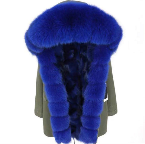 Carmen Charlott Fox Fur Parka Green with Blue Fur