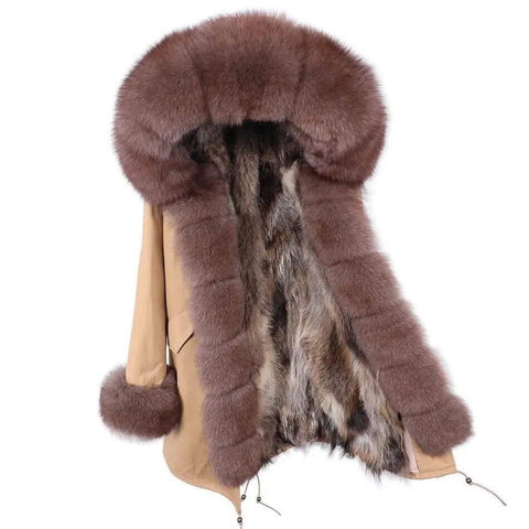 Carmen Charlott Luxury Fox Fur Parka Beige with Brown Fur