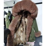 Carmen Charlott Luxury Fox Fur Parka Green with Brown Fur