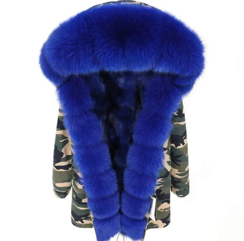 Carmen Charlott Fox Fur Parka Camouflage with Blue Fur