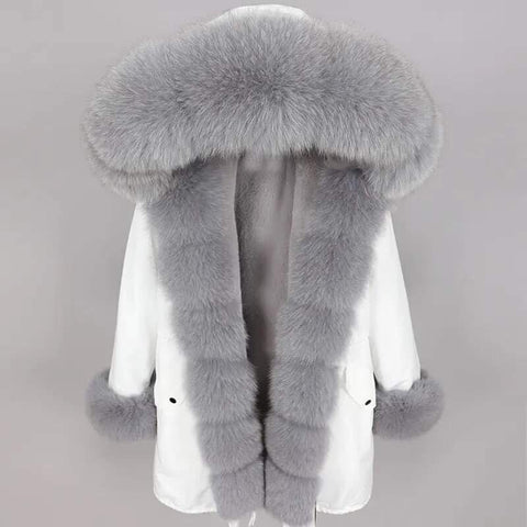 Carmen Charlott Fox Fur Parka White with Gray Fur