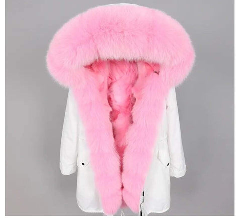 Carmen Charlott Fox Fur Parka White with Pink Fur