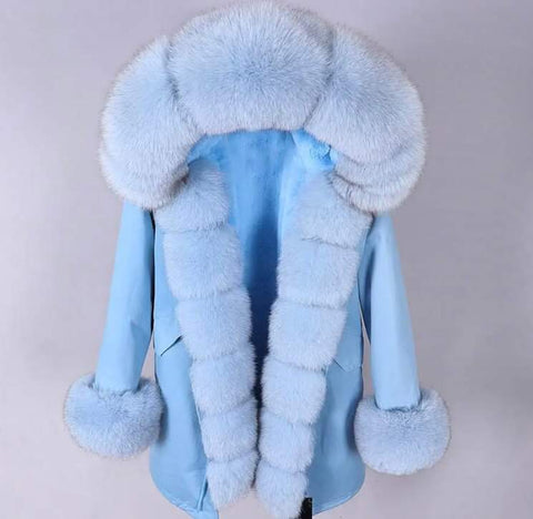 Carmen Charlott Fox Fur Parka Baby Blue with Baby Blue Fur