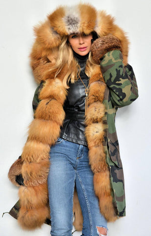 Carmen Charlott Fox Fur Parka Camouflage - Gold Fox Fur