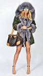 Carmen Charlott Fox Fur Parka Green - Grey Fur