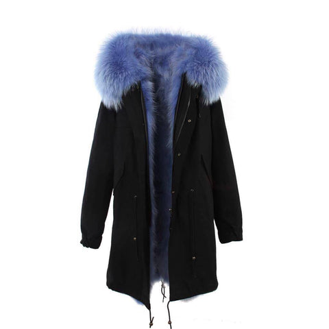 Carmen Charlott Fox Fur Parka Black - Light Blue Fur