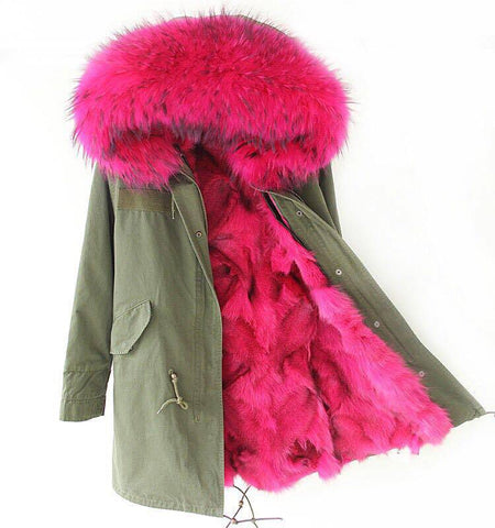 Carmen Charlott Fox Fur Parka Green - Pink Fur
