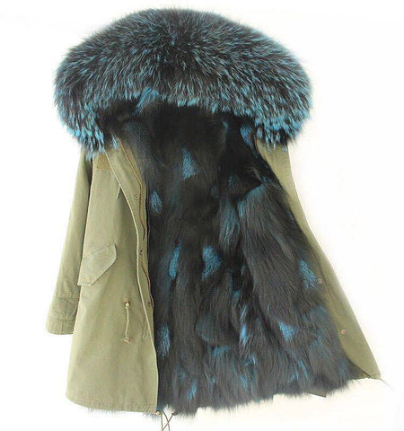 Carmen Charlott Fox Fur Parka Green - Türkis and Black Fur