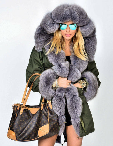 Carmen Charlott Fox Fur Parka Green - Grey Fur