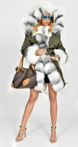 Carmen Charlott Fox Fur Parka Green - Black and White Fur