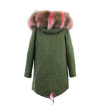 Carmen Charlott Fox Fur Parka Green - Natural and Pink Fur