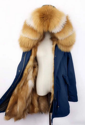 Carmen Charlott Gold Fox Fur Parka - Blue