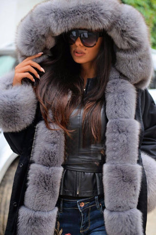 Carmen Charlott Fox Fur Parka Black - Grey Fur