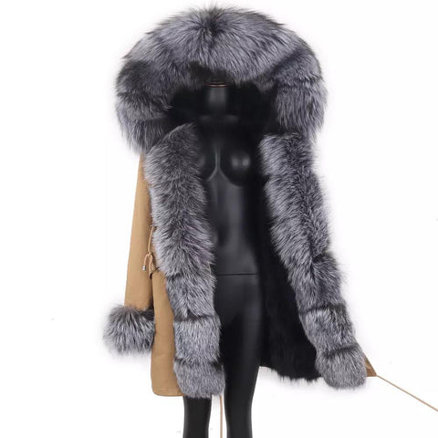 Carmen Charlott Luxury Silver Fox Fur Parka Beige AW21