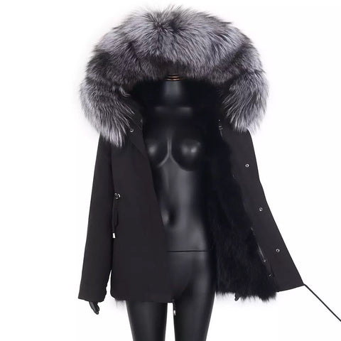 Carmen Charlott Luxury Silver Fox Fur Jacket Black AW21