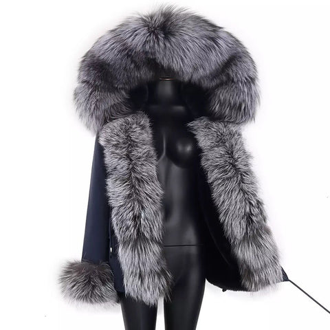 Carmen Charlott Luxury Silver Fox Fur Jacket Blue AW21