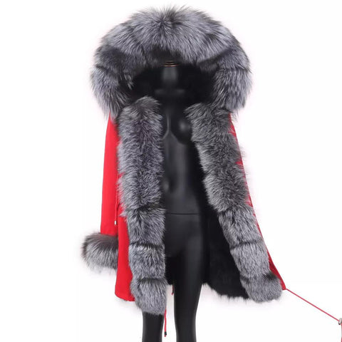 Carmen Charlott Luxury Silver Fox Fur Parka Red AW21