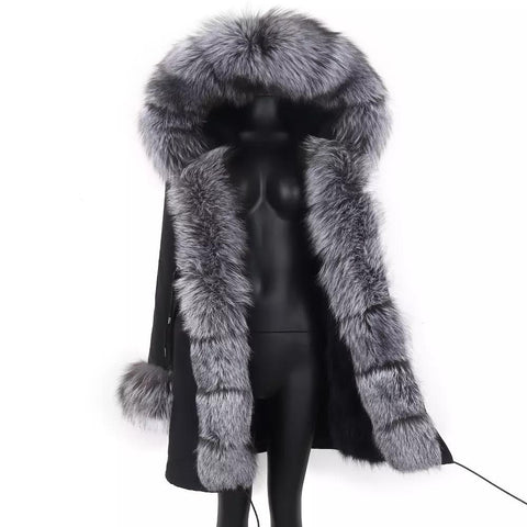 Carmen Charlott Luxury Silver Fox Fur Parka Black AW21