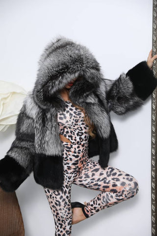 Carmen Charlott Luxury Fox Fur Jacket - Black and Silver AW22