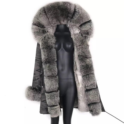 Carmen Charlott Luxury Fox and Rabbit Fur Parka Camouflage Grey AW21