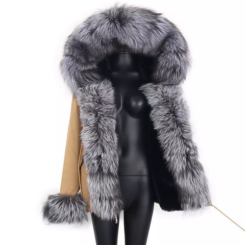Carmen Charlott Luxury Silver Fox Fur Jacket Beige AW21